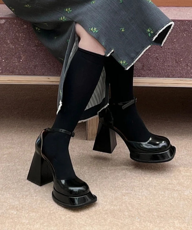 Black Chunky High Heels Faux Leather Stylish Splicing Buckle Strap