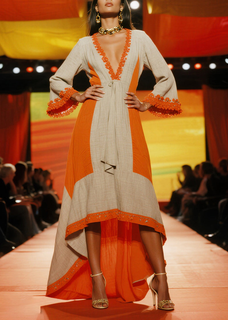 Orange Patchwork Low High Design Linen Party Dresses Summer