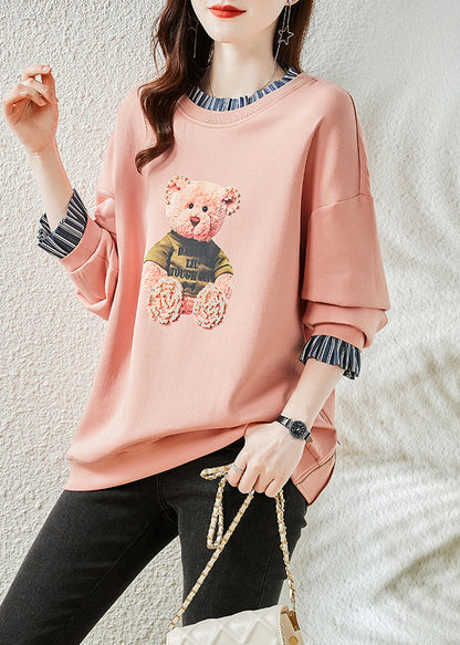 Pink Bear Patchwork Warm Fleece Sweatshirts Top Winter