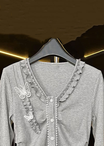 Grey V Neck Ruffled Butterfly Cotton T Shirts Spring