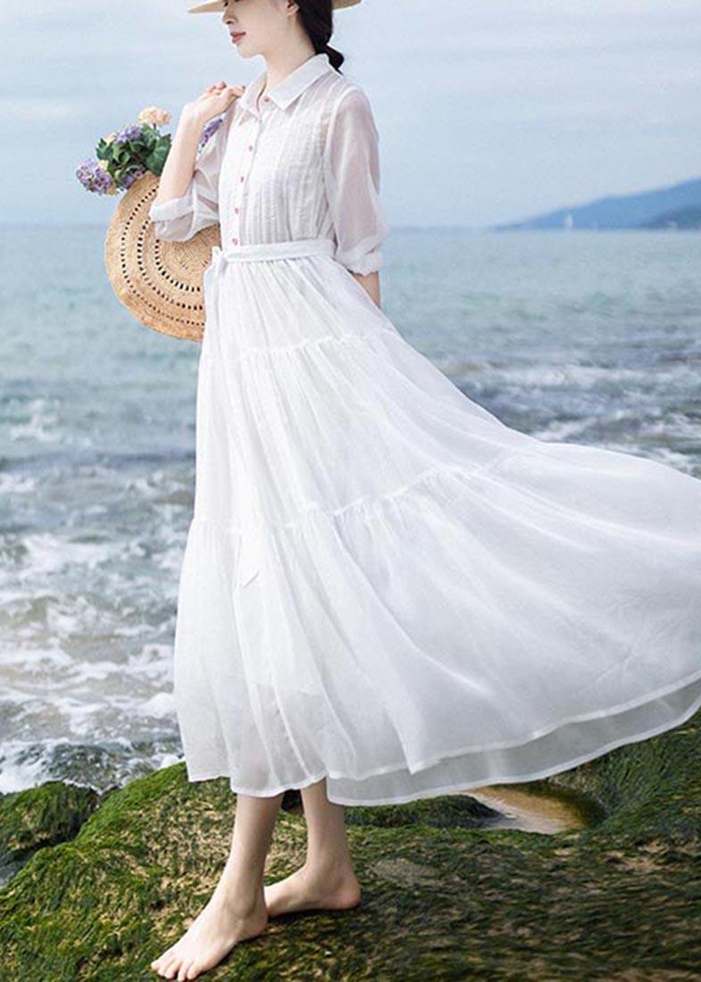 Simple White Tie Waist Long Sleeve Party Summer Chiffon Dress