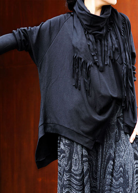 Black O-neck Tasseled Asymmetrical Design Spring Tops Long Sleeve