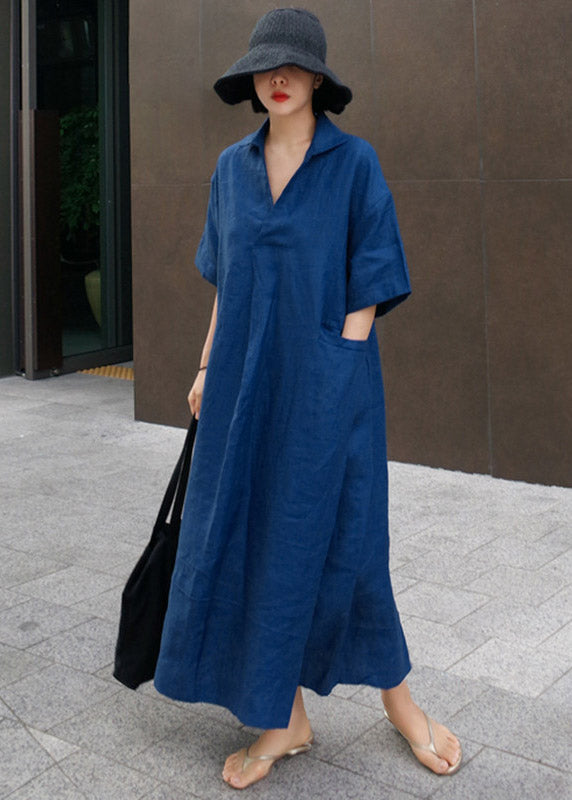 Blue Wrinkled Side Open Linen Dress Short Sleeve Summer