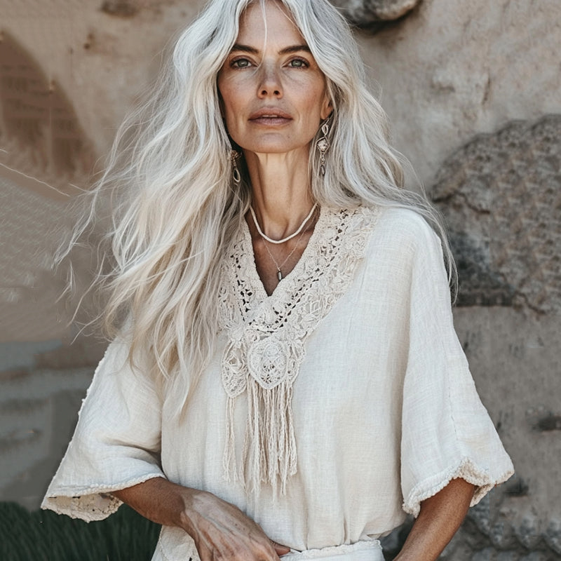 Comstylish Vintage Floral Fringe Art Cotton Linen Casual Shirt
