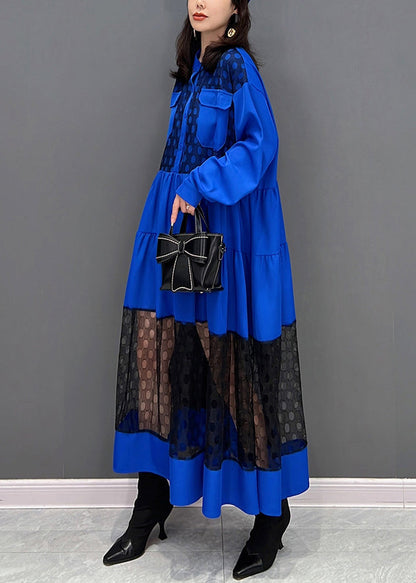 Vogue Blue O-neck Dot Patchwork Wrinkled Tulle Maxi Dresses Spring