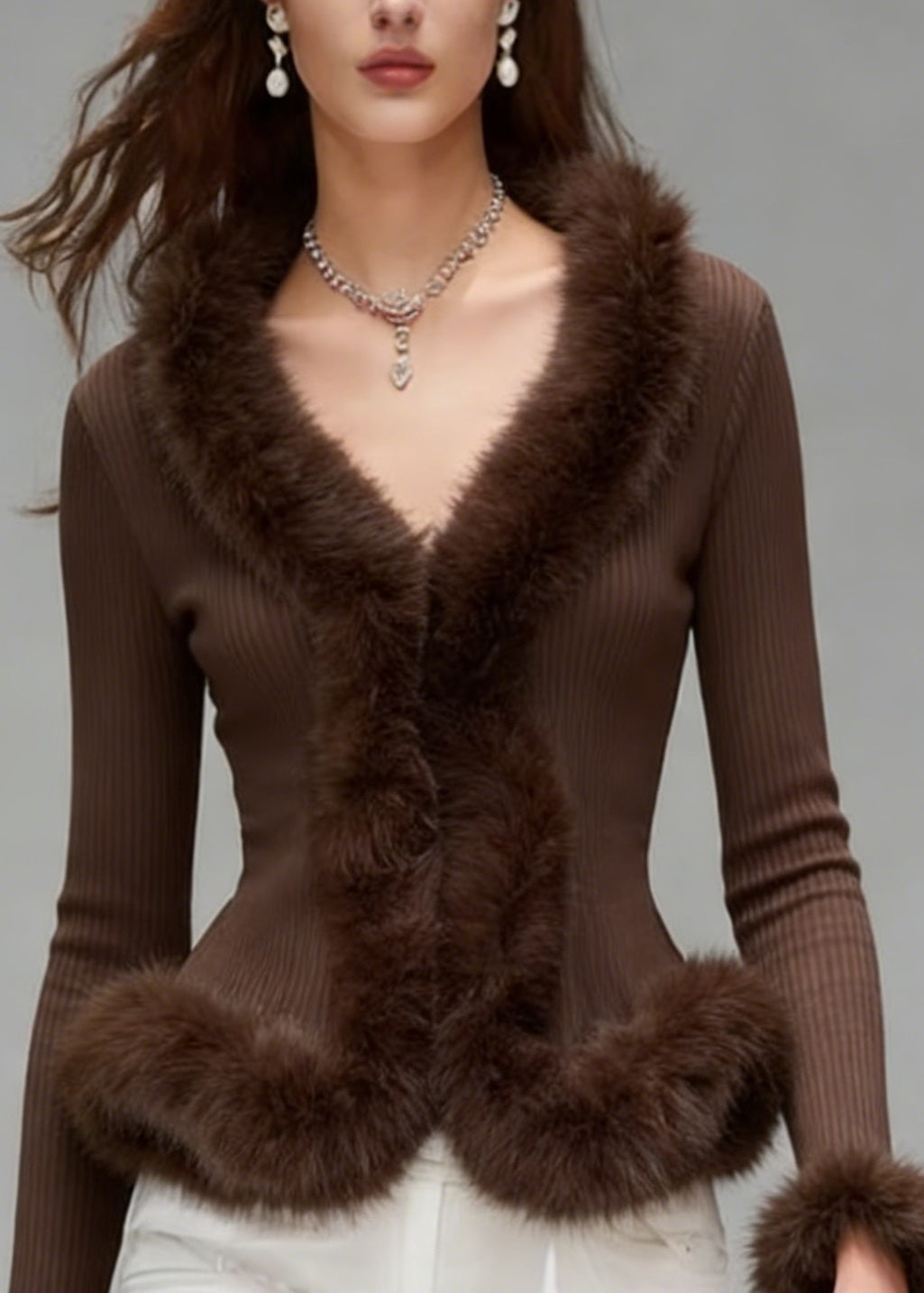 Brown V Neck Fuzzy Fur Patchwork Knit Top Spring