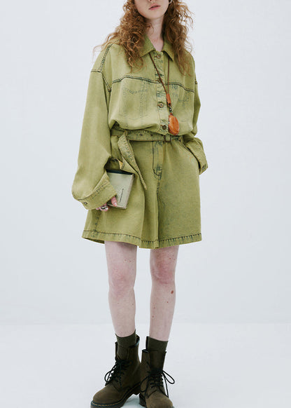 Yellow Green Peter Pan Collar Denim Jumpsuit Long Sleeve