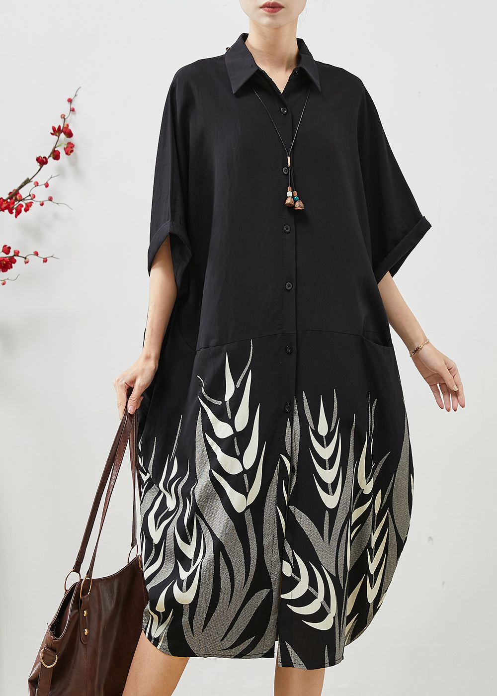 Black Print Patchwork Shirt Dress Summer