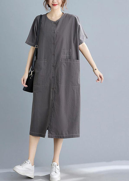 Classy Grey Button Cotton O-neck Summer Maxi Dresses