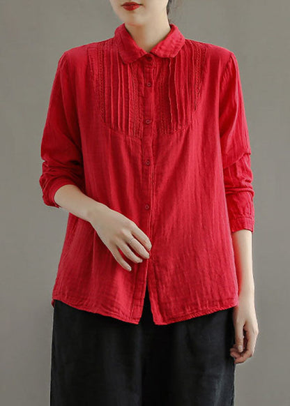 Green Peter Pan Collar Wrinkled Cotton Blouses Long Sleeve
