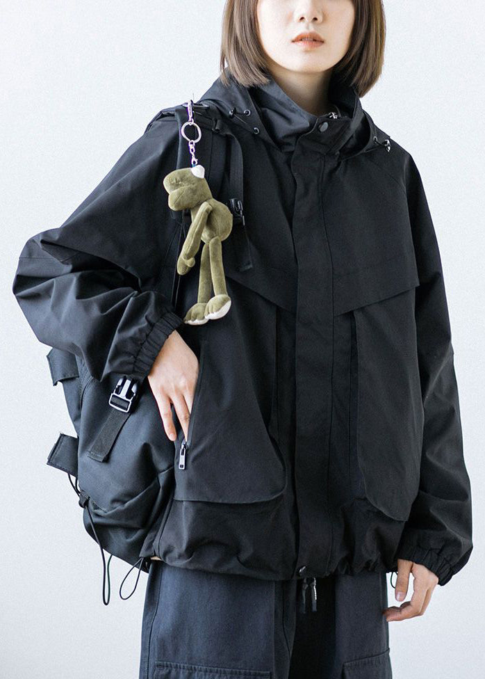 Black Patchwork Button Pockets Zippered Drawstring Hooded Coats Long Sleeve