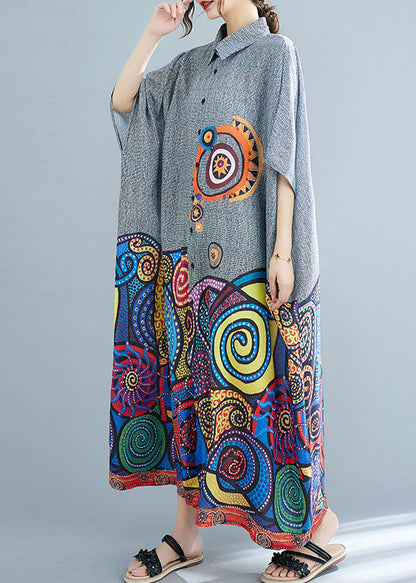 Peter Pan Collar Print Button Cotton Long Shirts Dress Summer