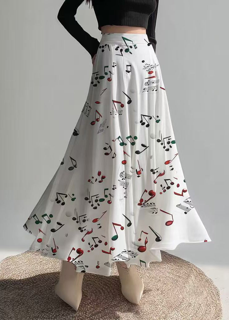 White Musical Note Print Chiffon Skirts Holiday Summer