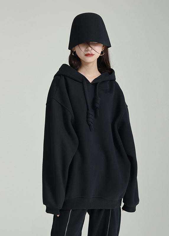 Black Hooded Patchwork Warm Fleece Sweatshirts Tracksuits Winter