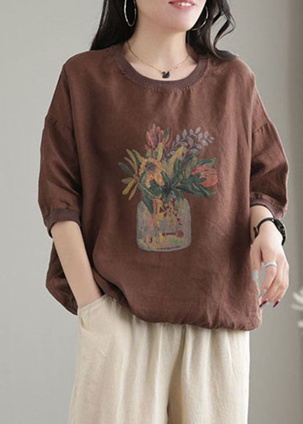 Chocolate O-neck Oversized Print Linen Tanks Short Sleeve