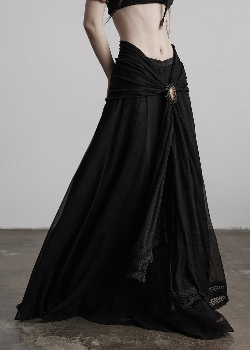 Boutique Black Tasseled Patchwork Exra Large Hem Silk Skirts Fall