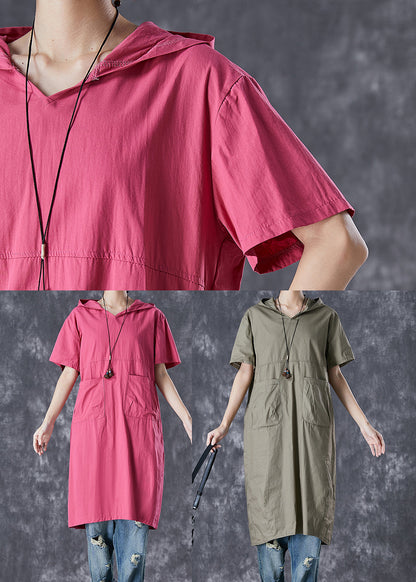 Green Patchwork Cotton Pullover Sweatshirt Dress Hooded Pockets Summer