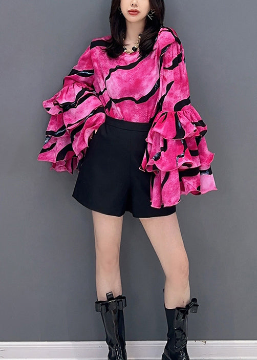 Rose O Neck Striped Patchwork Chiffon Top Petal Sleeve
