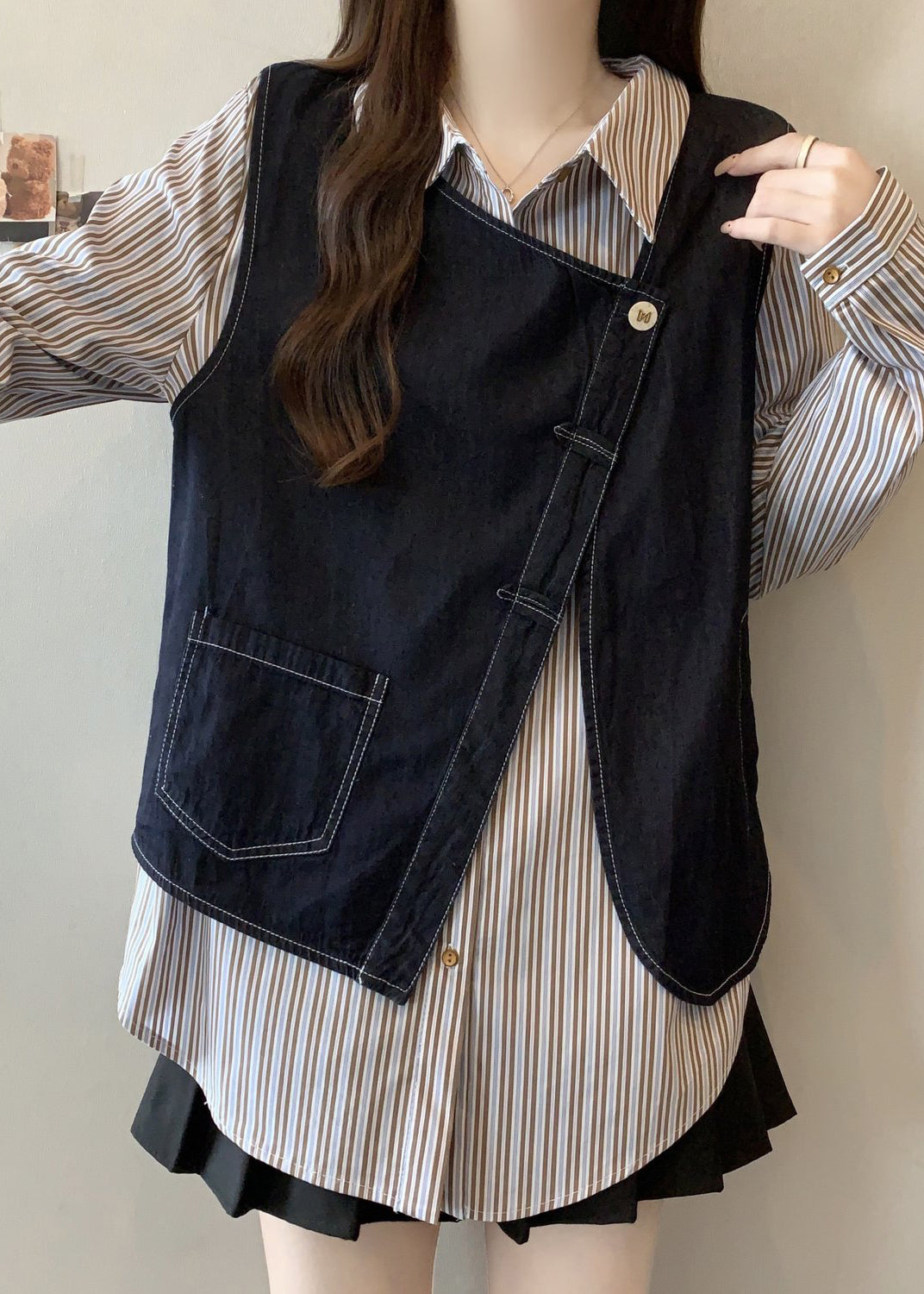 Asymmetrical Striped Cotton Fake Two Piece Top Fall
