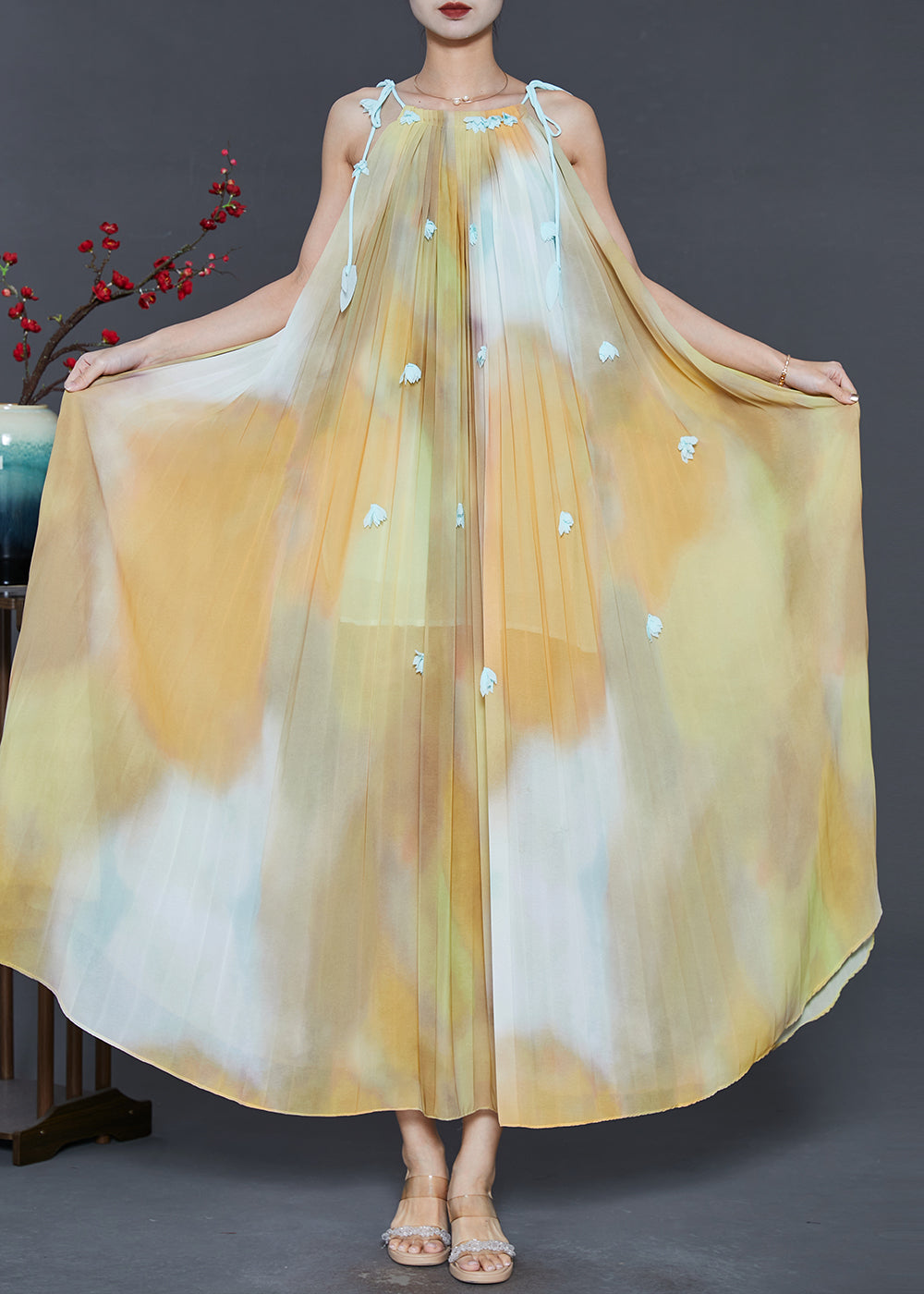 Yellow Cold Shoulder Tie Dye Chiffon Beach Dress Summer