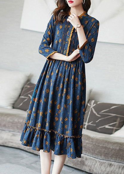 Blue Ruffled Print Wrinkled Cotton Dress Bracelet Sleeve