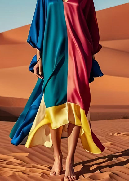 Original Design Colorblock Asymmetrical Patchwork Silk Vacation Dresses Fall