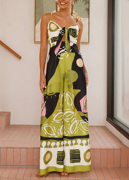 Green Print Zippered Pockets Cotton Wide Leg Jumpsuit Sleeveless