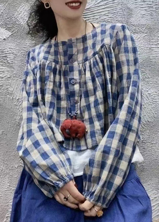 Blue O Neck Plaid Cotton Shirt Top Long Sleeve Fall
