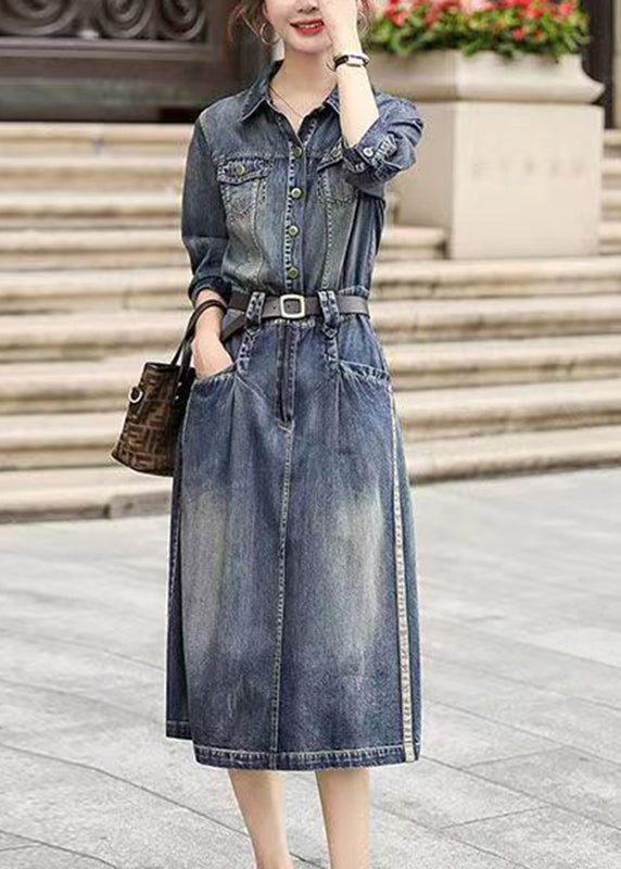 Denim Blue Peter Pan Collar Patchwork Sashes Long Shirts Dresses Fall