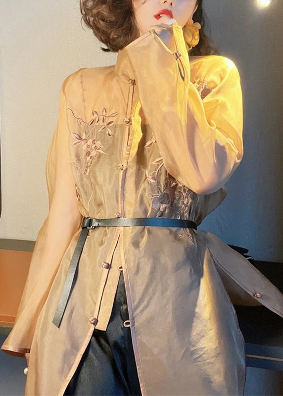 Light Brown Embroideried Side Open Sashes Silk Shir Long Sleeve