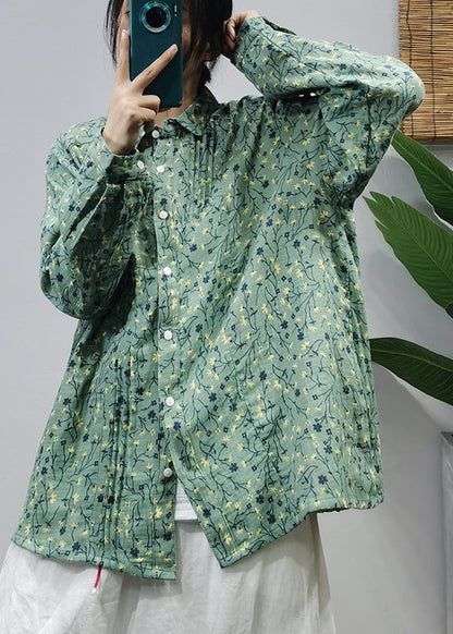Classy Green Button Peter Pan Collar Wrinkled Cotton Shirts Long Sleeve