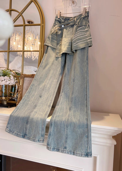 Blue Pockets False Two Pieces Patchwork Denim Pants Fall