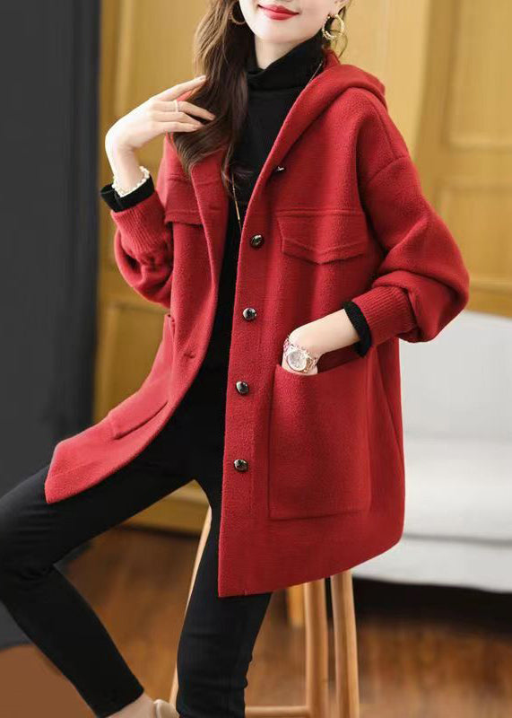 Red Hooded Pockets Patchwork Woolen Coat Fall