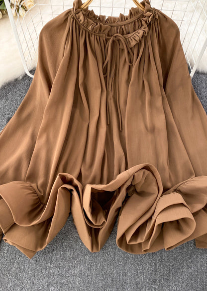 Brown Ruffled Patchwork Chiffon Maxi Skirt Spring