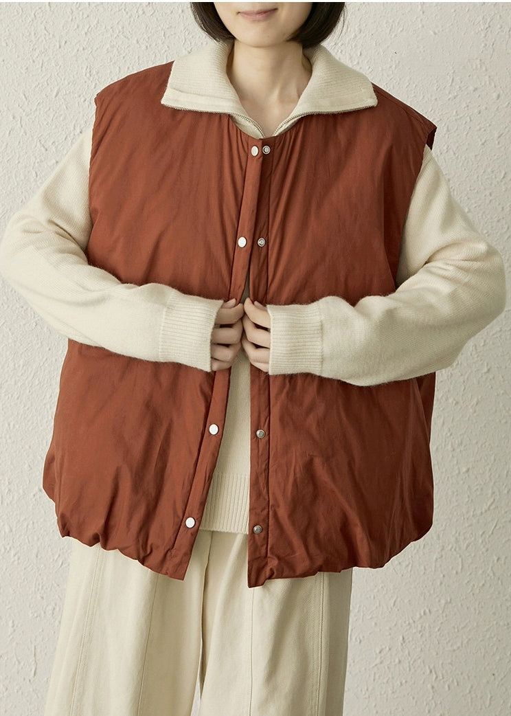 Brick Red Oversized Pockets Fine Cotton Filled Puffers Vests Winter