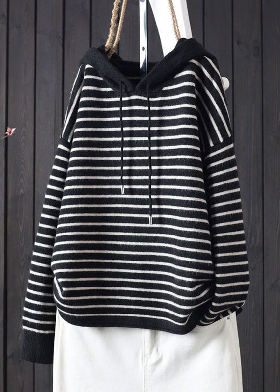 Apricot Striped Patchwork Drawstring Hooded Knitted Cotton Thread Sweaters Fall