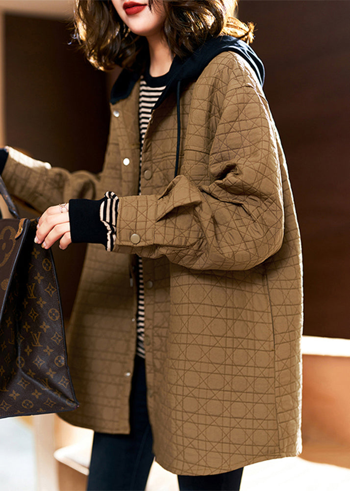 Khaki Hooded Pockets Patchwork Fine Cotton Filled Coats Winter