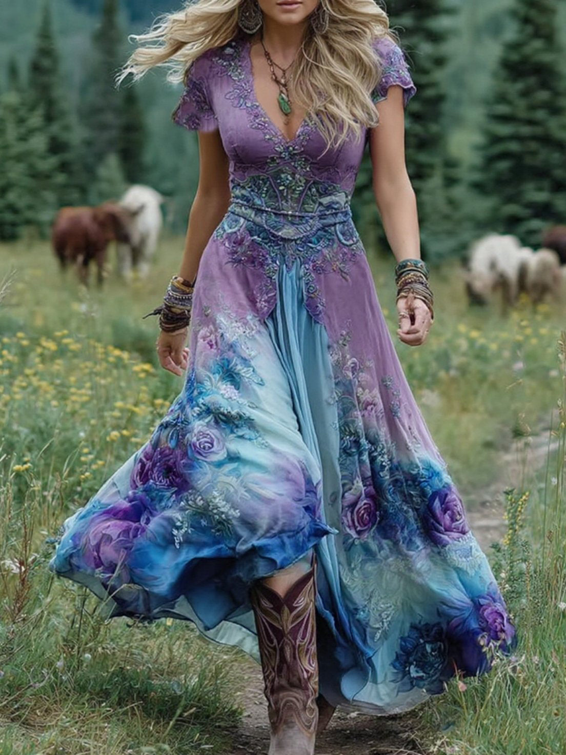 Comstylish Classy Gradient Purple Lavender And Floral Printed Short Maxi Dress