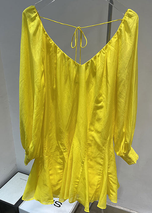 French Yellow V Neck Cotton Mid Dress Fall