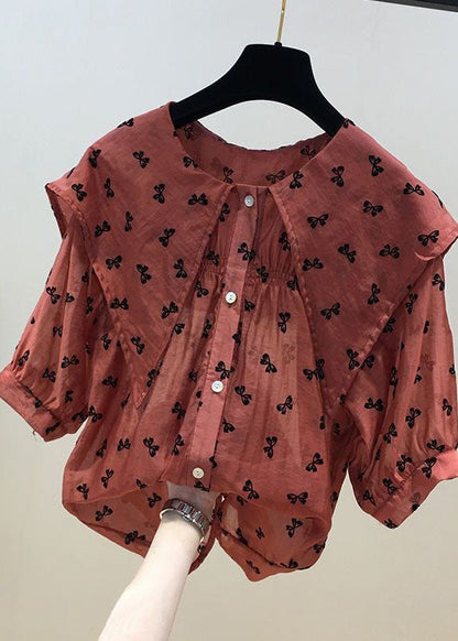 Red Peter Pan Collar Print Chiffon Shirts Tops Summer