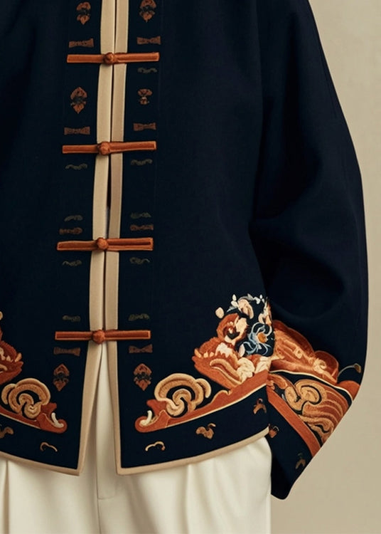 Chinese Style Navy Stand Collar Print Cotton Coats Spring