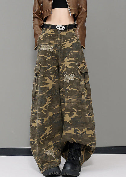 American Style Army Green Camouflage Pockets Denim Wide Leg Pants Fall