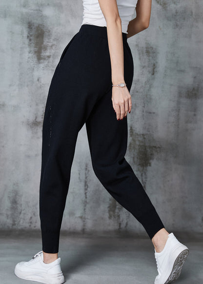 French Black Elastic Waist Zircon Striped Knit Pants Spring