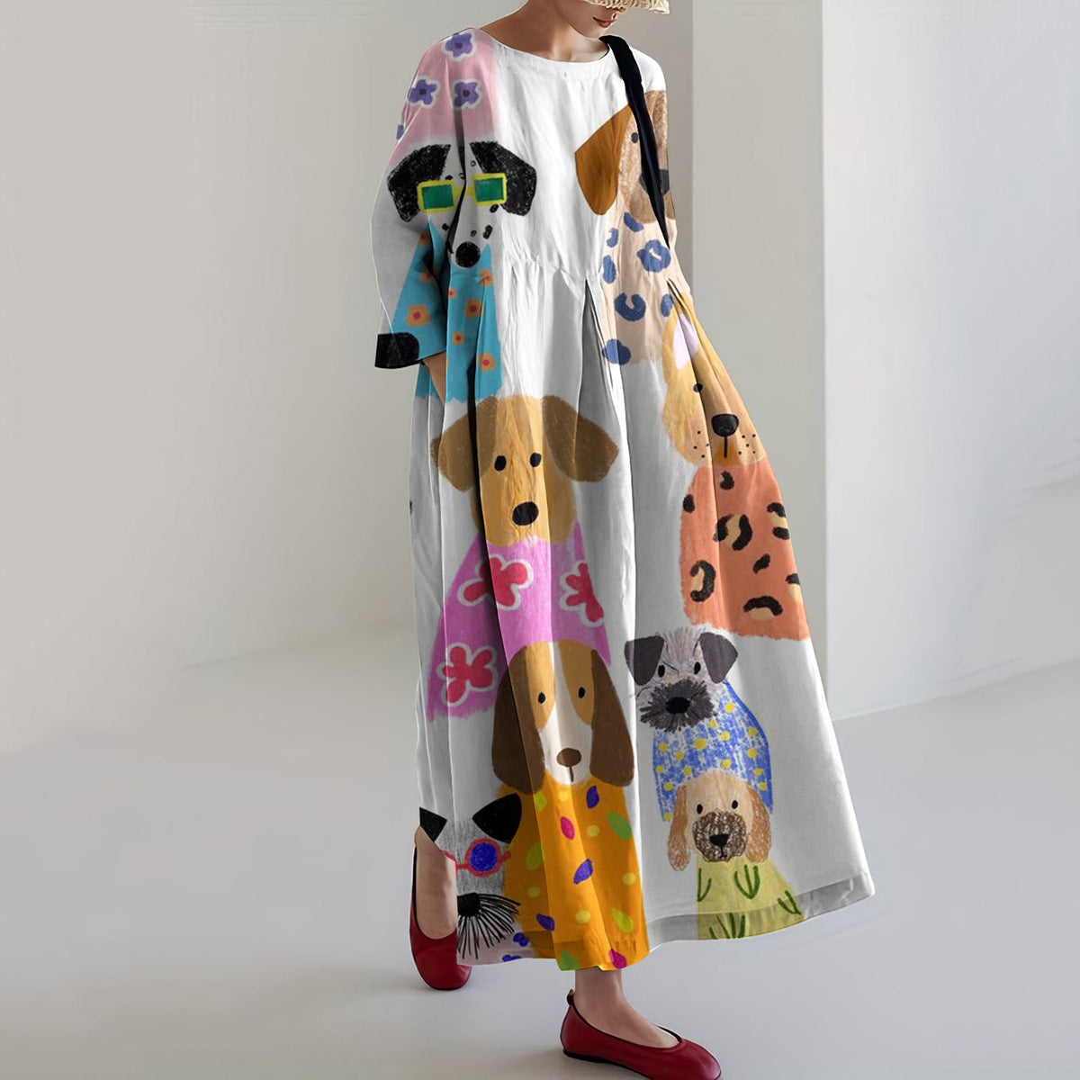 Comstylish Women's Colorful Cute Dogs Casual Long Sleeve Midi Dress