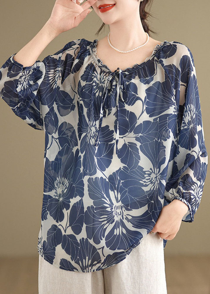 Blue Ruffled Lace Up Print Chiffon Shirt Tops Summer