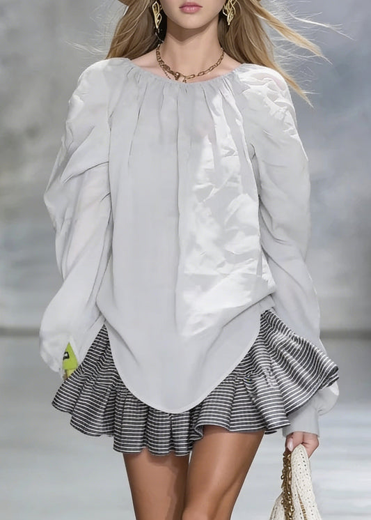 New Grey Wrinkled Cotton Shirt Tops Spring