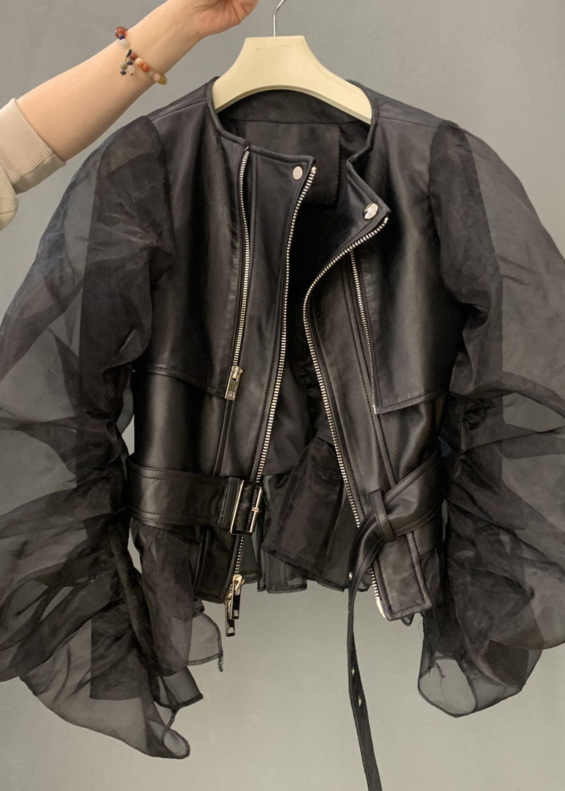 Black Tulle Puff Sleeve Zippered Patchwork Faux Leather Jackets