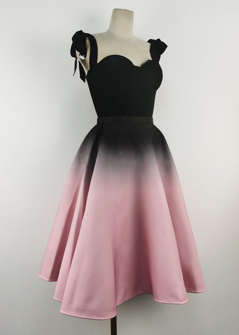 Slim Fit Black Lace Bow Silk Velvet Tank and Gradient Color Skirts Two Pieces Set Sleeveless