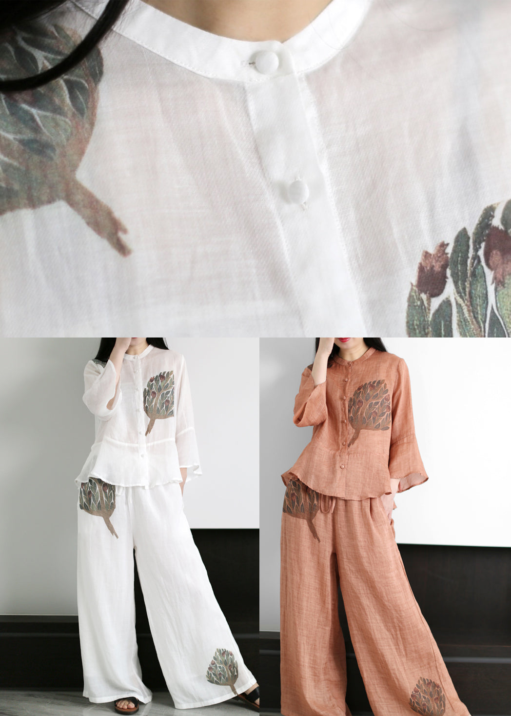Red Print Linen Tops and Wide Leg Pants Two Pieces Set Drawstring Flare Sleeve