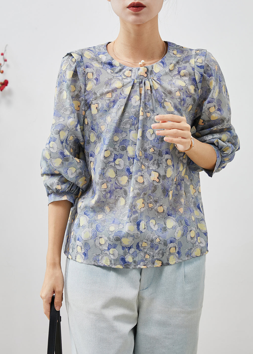 O-neck Print Linen Blouses Spring